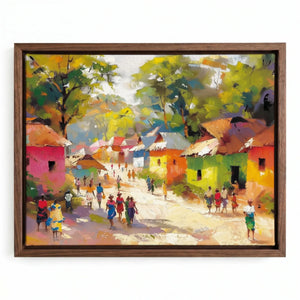 African canvas wall art in a walnut floating frame, villagers walking past colorful cottages under leafy green trees