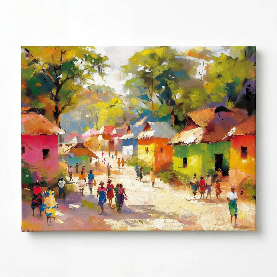Stretched canvas, ready to hang, impressionist African village with colorful houses and villagers on a path