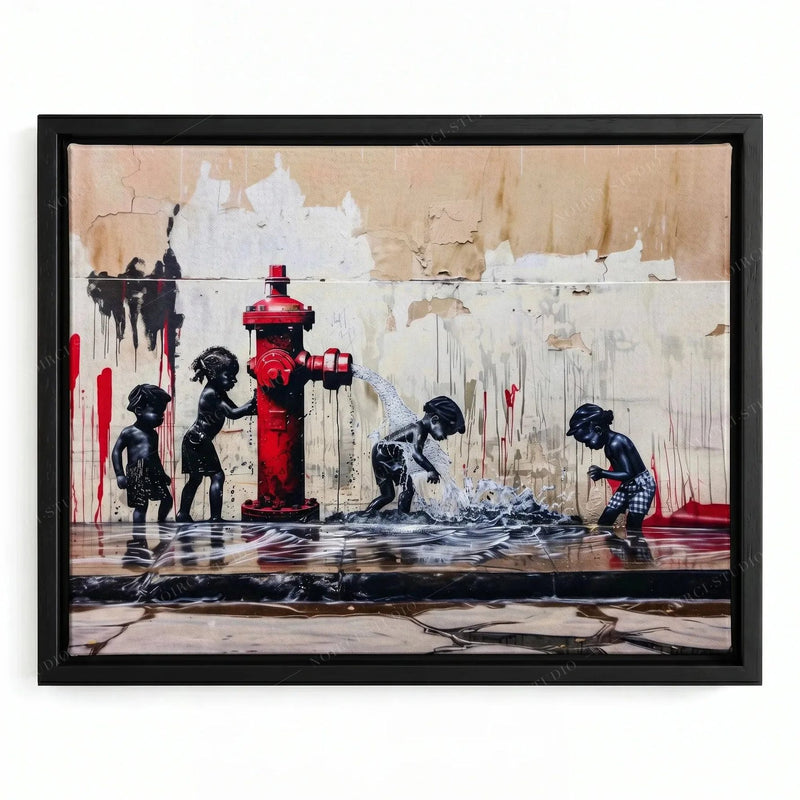Street-art style canvas in a black floating frame, four Black children splashing at a spraying red hydrant