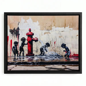 Street-art style canvas in a black floating frame, four Black children splashing at a spraying red hydrant