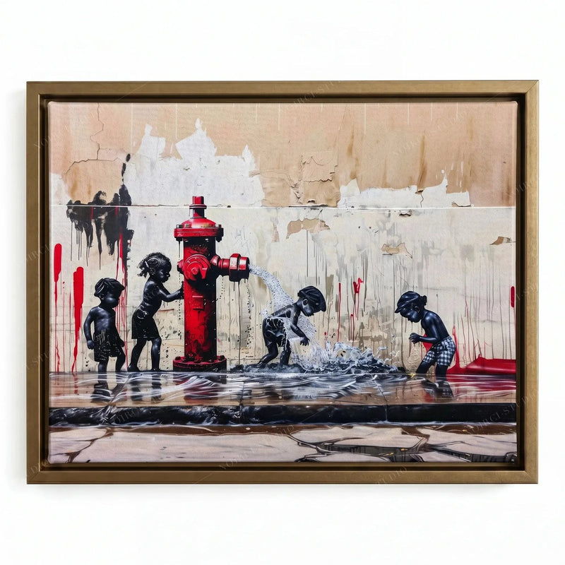 Gold floating frame close-up, urban painting of children playing in fire hydrant spray against peeling plaster