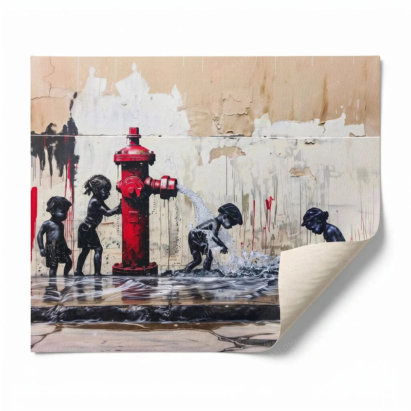 Rolled canvas print of kids playing at a city fire hydrant, ready for custom framing