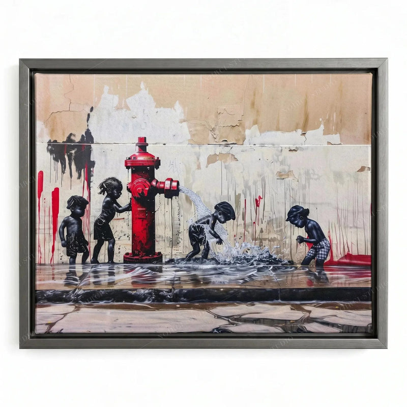Silver floating frame, mural style scene of Black kids dancing through the spray, red drips down a white wall