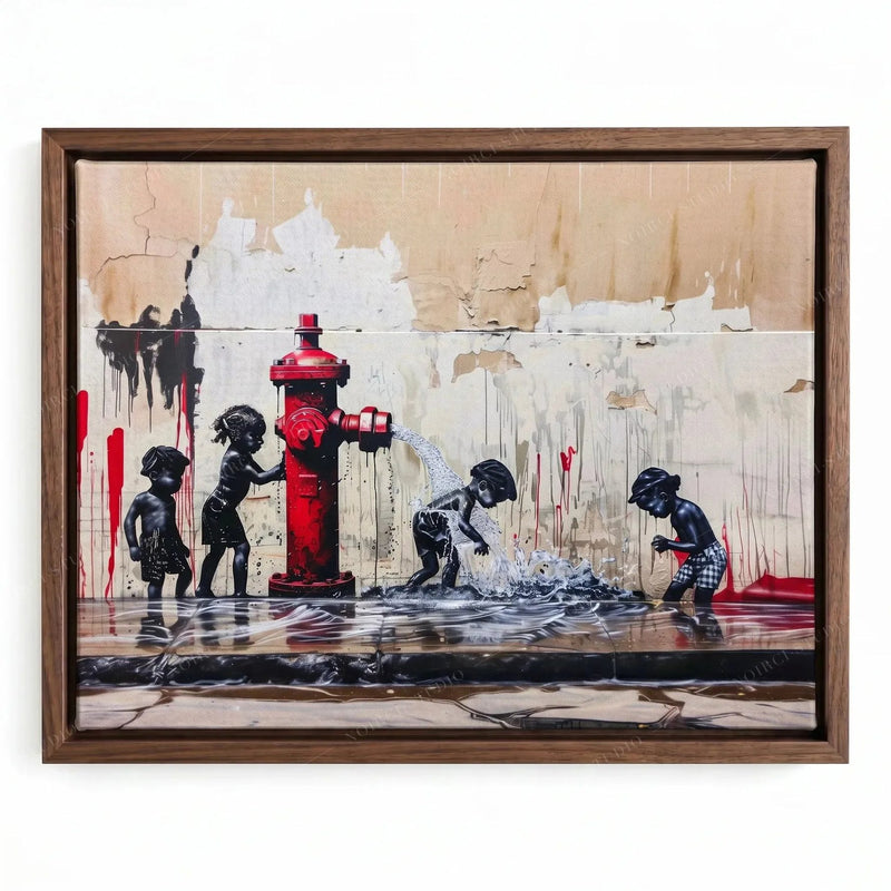 Black art family scene in a walnut floating frame, graffiti-style kids cooling off in hydrant water on a summer block