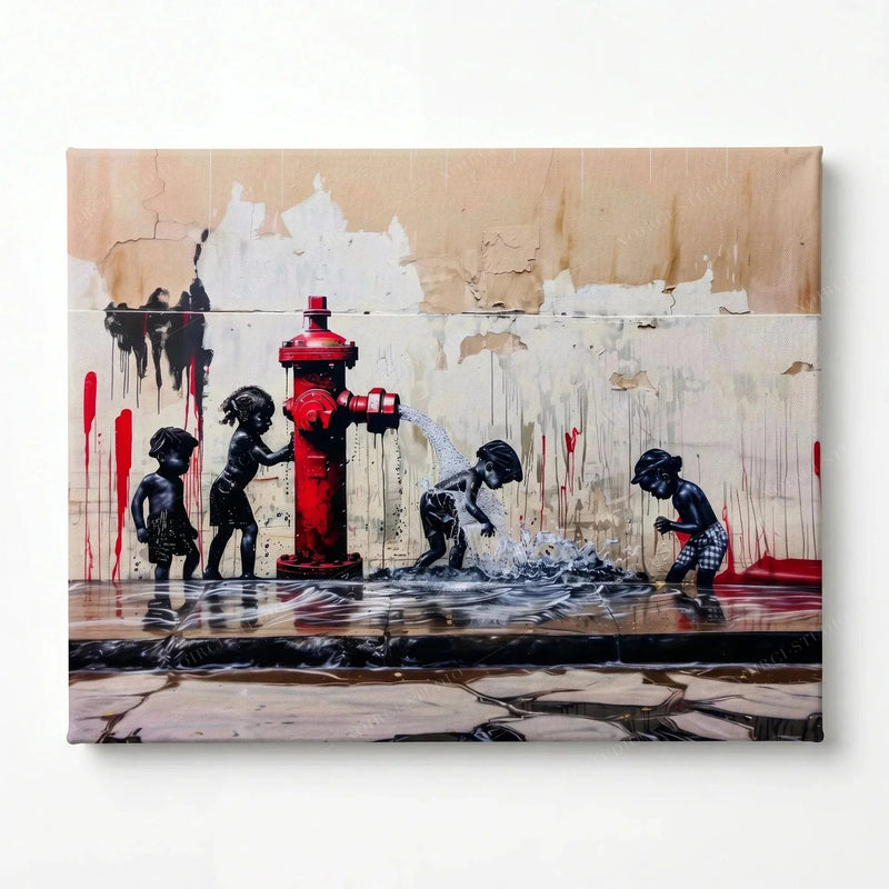 Stretched canvas, ready to hang, four children and a red fire hydrant in black, white and red street style