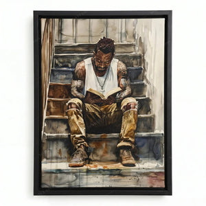 Black man reading painting in a black floating frame, tattooed man in a white tank top with a book on concrete stairs