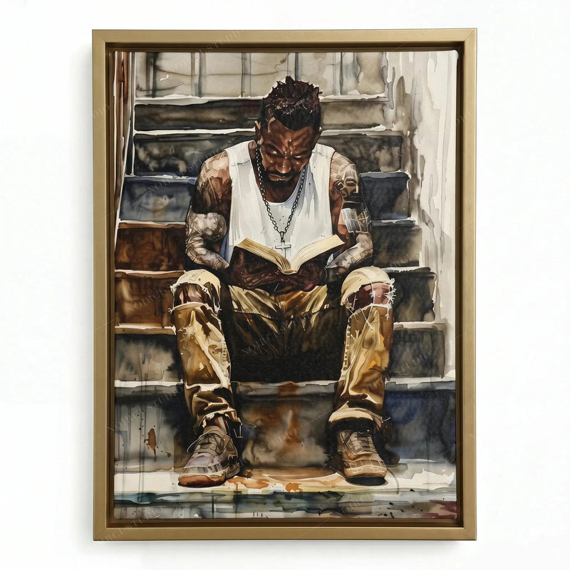 African American man wall art in a gold floating frame, contemplative watercolor of a reader with a silver chain
