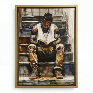 African American man wall art in a gold floating frame, contemplative watercolor of a reader with a silver chain