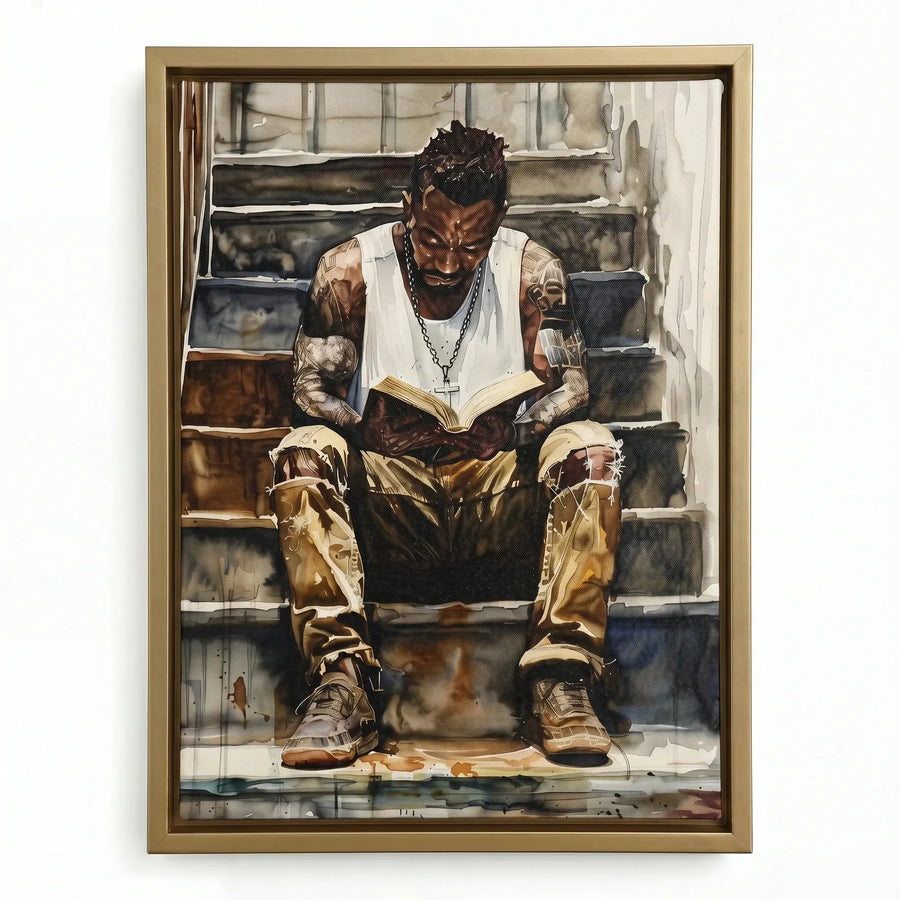 African American man wall art in a gold floating frame, contemplative watercolor of a reader with a silver chain