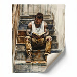 Rolled canvas print with curled corner, Black man reading on stairs watercolor, ready for custom framing