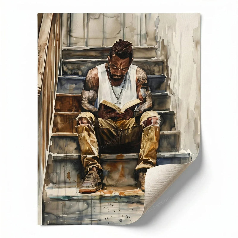 Rolled canvas print with curled corner, Black man reading on stairs watercolor, ready for custom framing