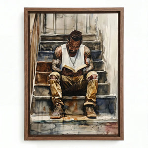Harlem Renaissance artwork in a walnut floating frame, watercolor of a man in gold pants reading on city steps