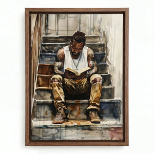 Harlem Renaissance artwork in a walnut floating frame, watercolor of a man in gold pants reading on city steps