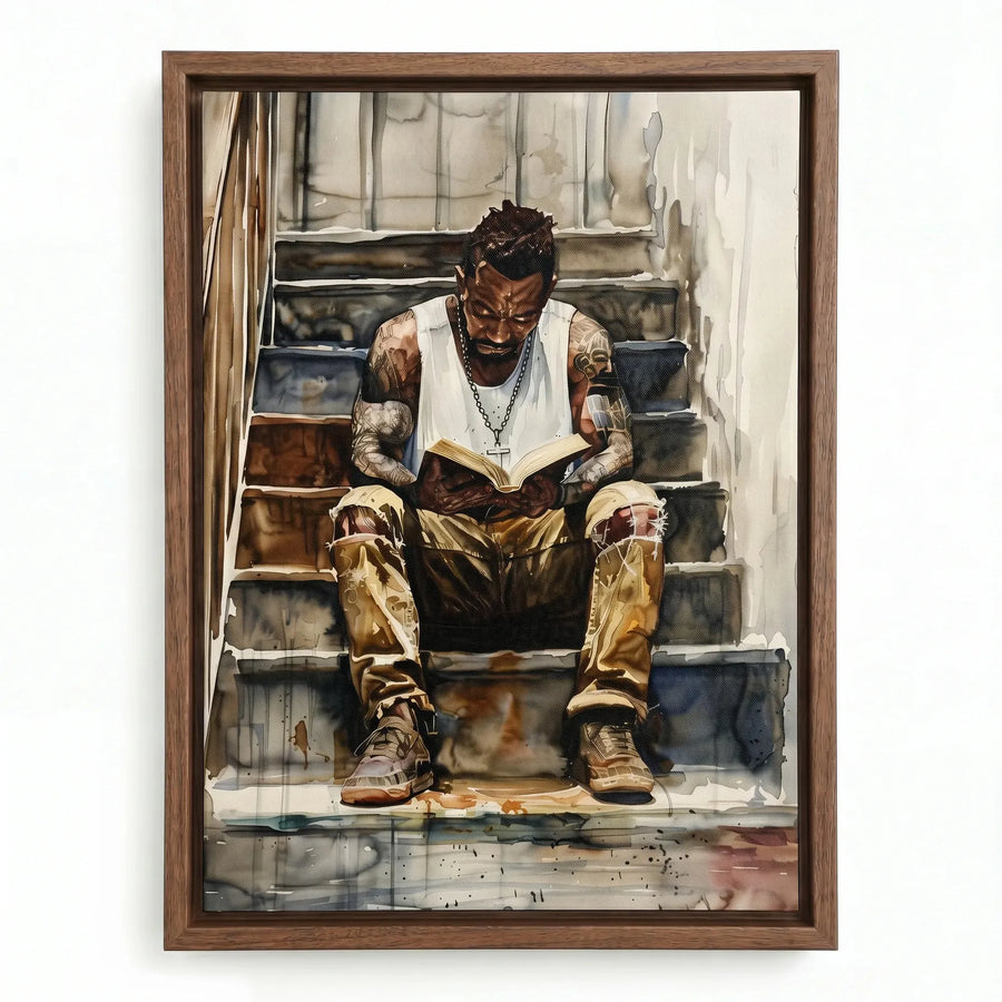 Harlem Renaissance artwork in a walnut floating frame, watercolor of a man in gold pants reading on city steps