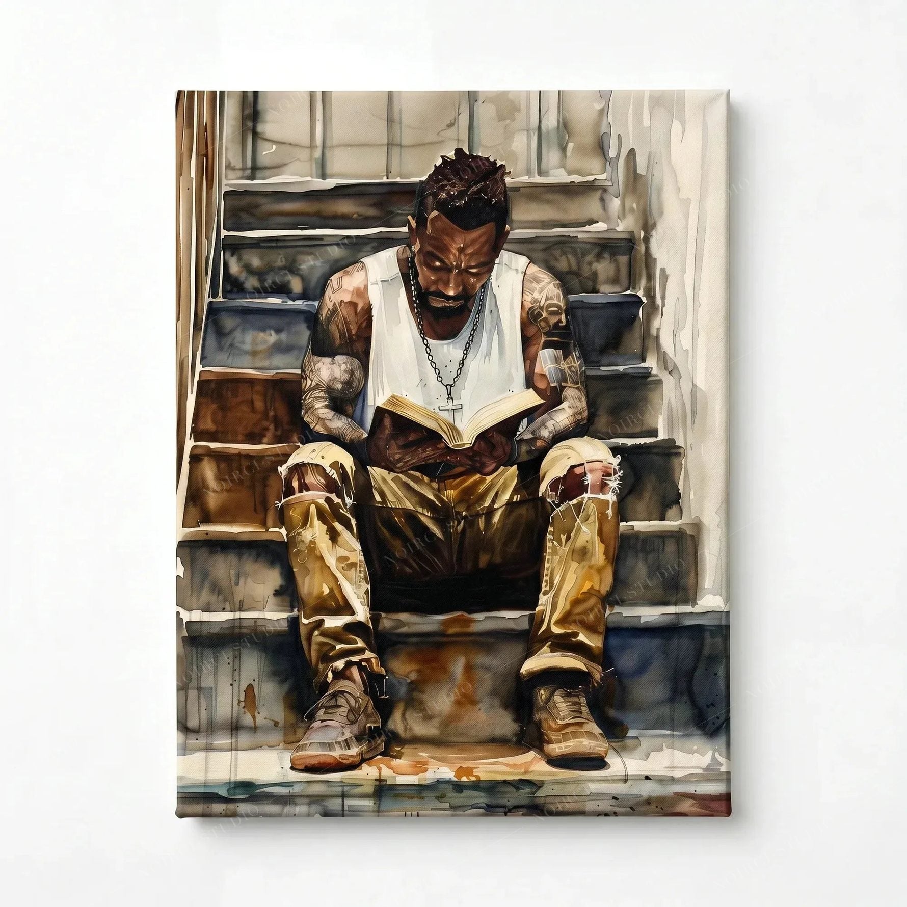 Stretched canvas, ready to hang, watercolor of a tattooed Black man reading a book on stone stairs