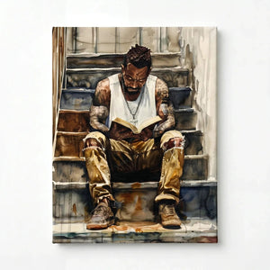 Stretched canvas, ready to hang, watercolor of a tattooed Black man reading a book on stone stairs