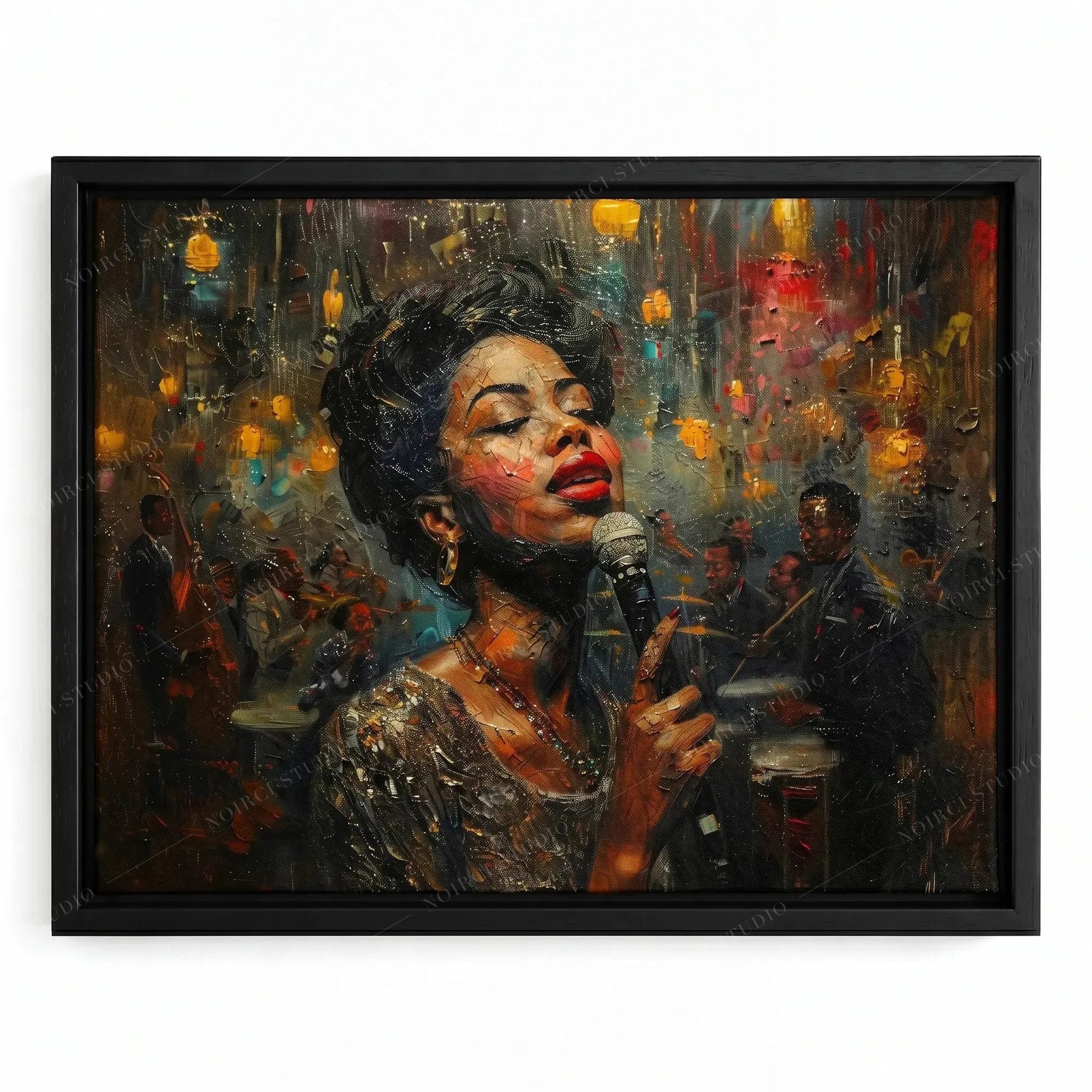 Jazz club singer painting in a black floating frame, woman in a beaded dress at a microphone under golden lanterns