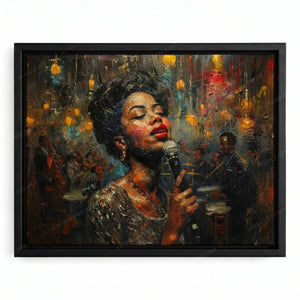 Jazz club singer painting in a black floating frame, woman in a beaded dress at a microphone under golden lanterns