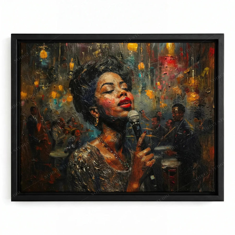 Jazz club singer painting in a black floating frame, woman in a beaded dress at a microphone under golden lanterns