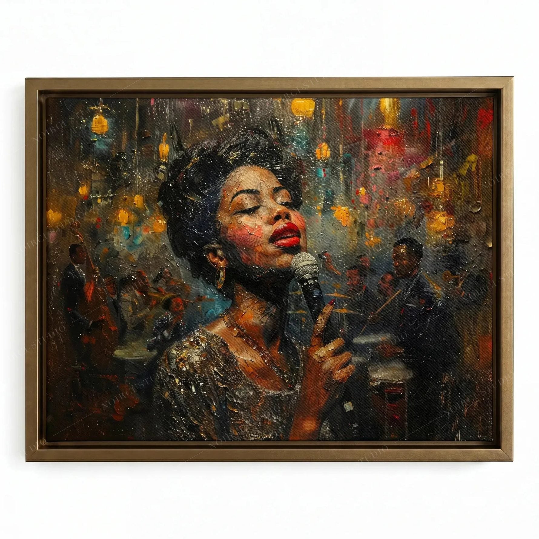 Blues wall art in a gold floating frame, jazz vocalist singing under warm club lights with a band behind her