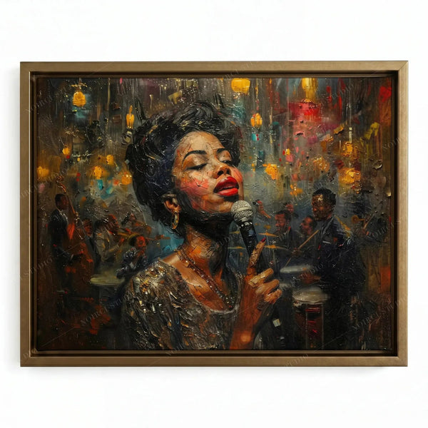Blues wall art in a gold floating frame, jazz vocalist singing under warm club lights with a band behind her