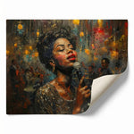 Rolled canvas print of a blues singer at a vintage microphone, curled corner, ready for custom framing