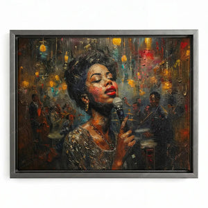 Harlem Renaissance music art in a silver floating frame, singer at a microphone in a moody lantern-lit club