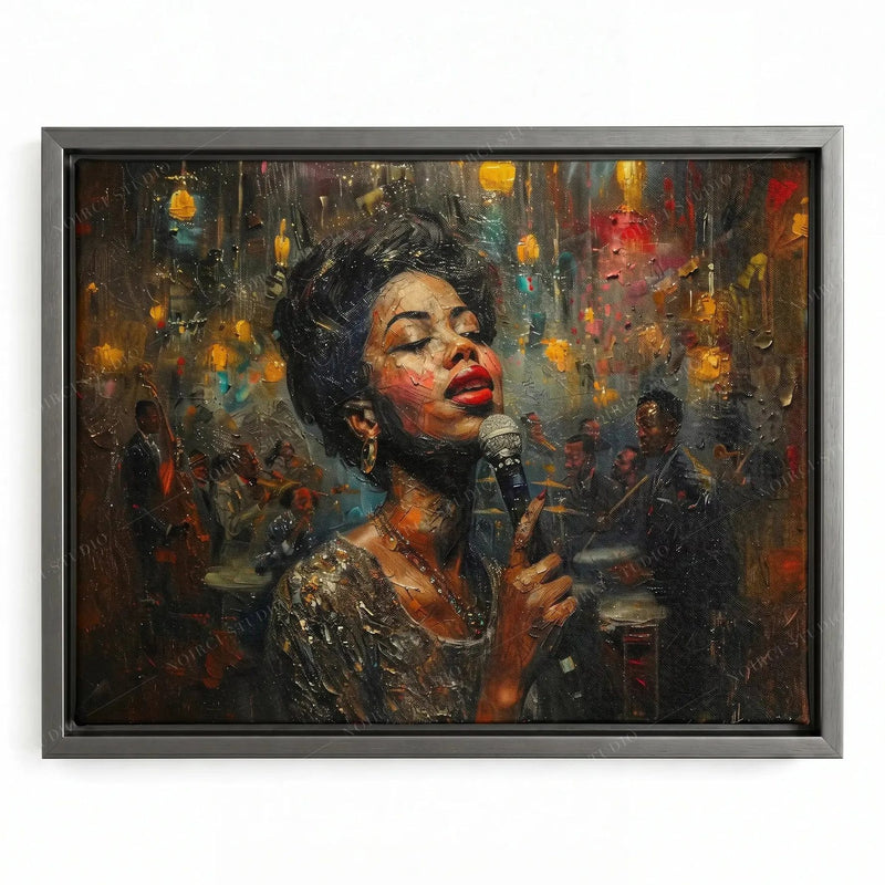 Harlem Renaissance music art in a silver floating frame, singer at a microphone in a moody lantern-lit club