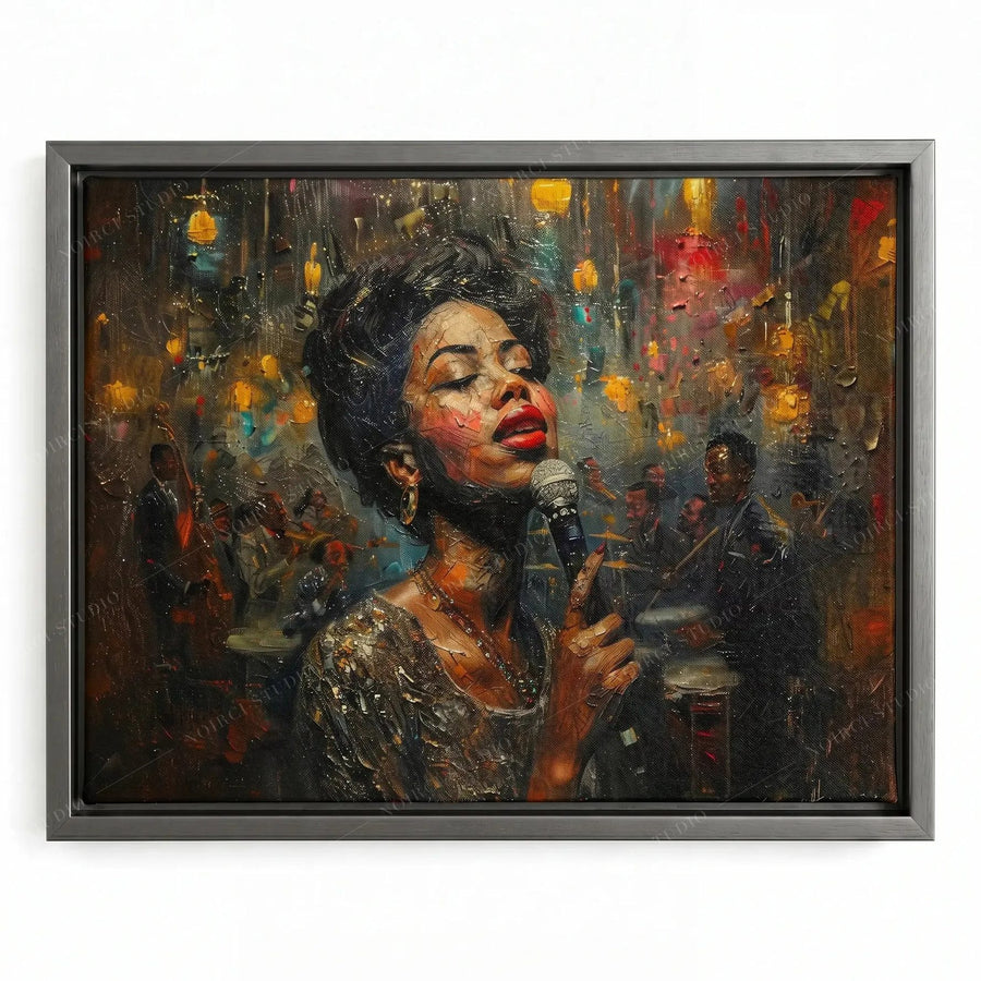 Harlem Renaissance music art in a silver floating frame, singer at a microphone in a moody lantern-lit club