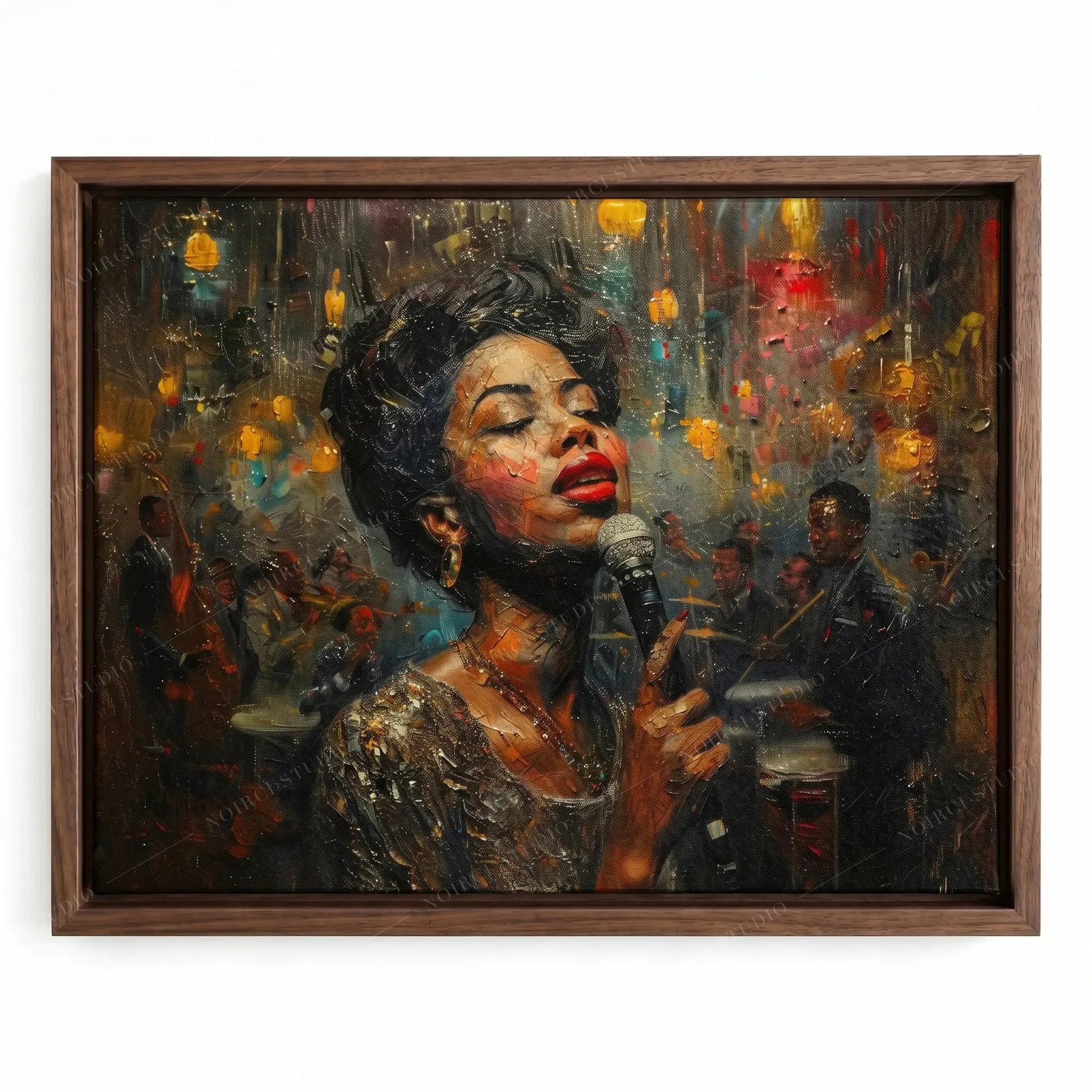Harlem Renaissance artwork in a walnut floating frame, blues singer with red lips at a vintage microphone