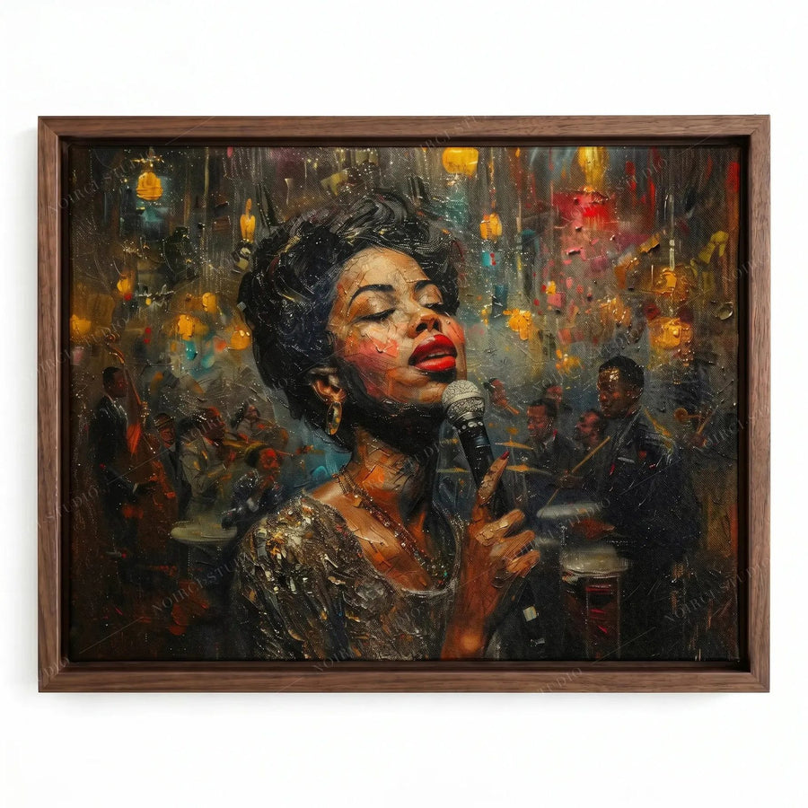 Harlem Renaissance artwork in a walnut floating frame, blues singer with red lips at a vintage microphone