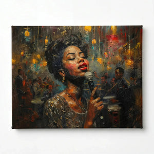 Stretched canvas of a jazz club singer painting, gallery wrapped and ready to hang