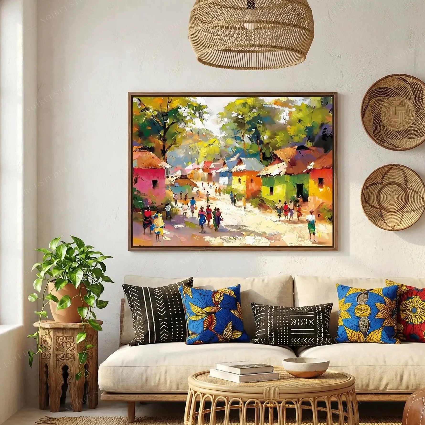 Afrohemian decor living room, village painting in a walnut frame above a cream sofa with mudcloth and Ankara pillows