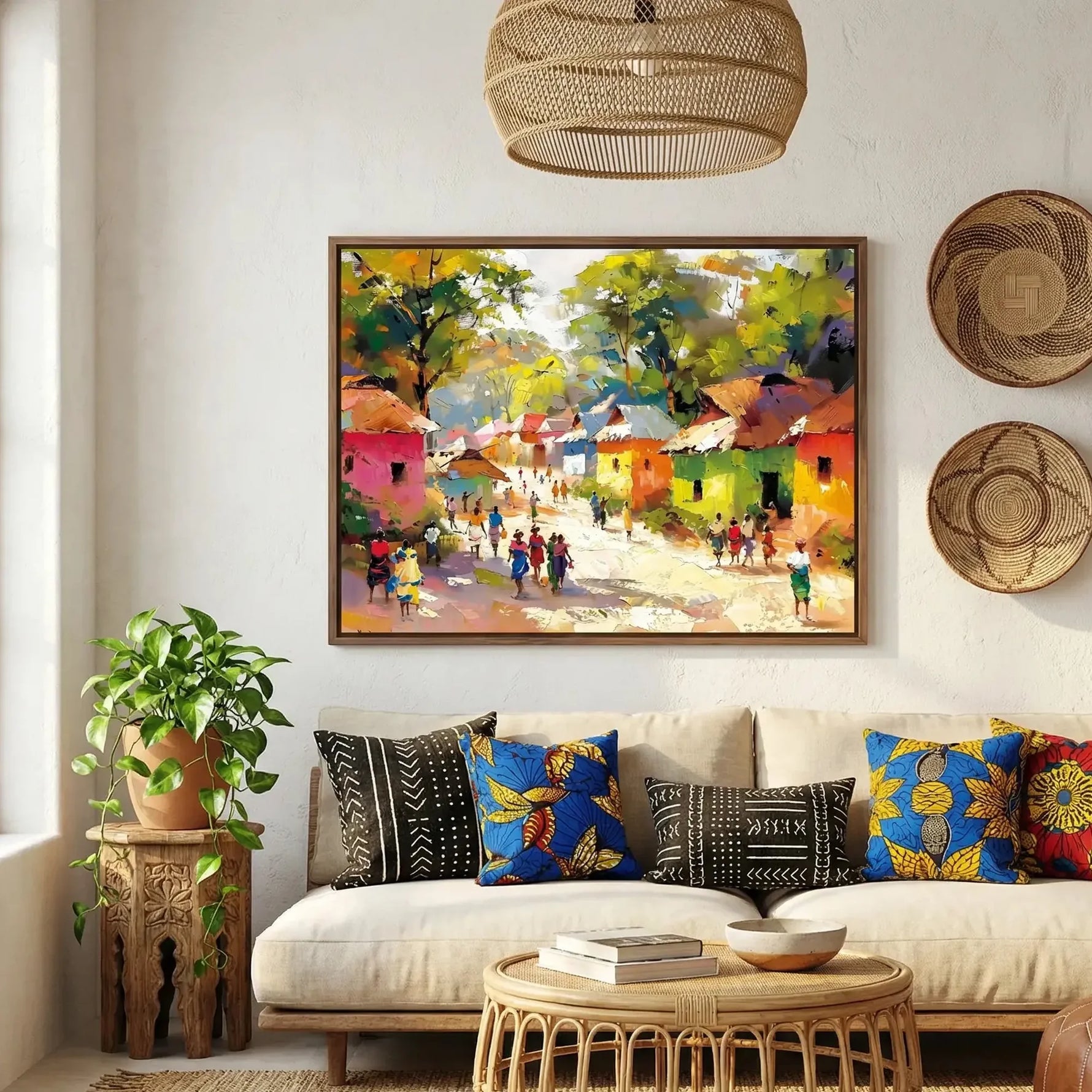Afrohemian decor living room, village painting in a walnut frame above a cream sofa with mudcloth and Ankara pillows