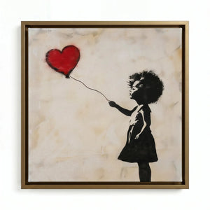 Black girl wall art in a gold floating frame, spray-paint stencil of a girl with a floating heart-shaped balloon