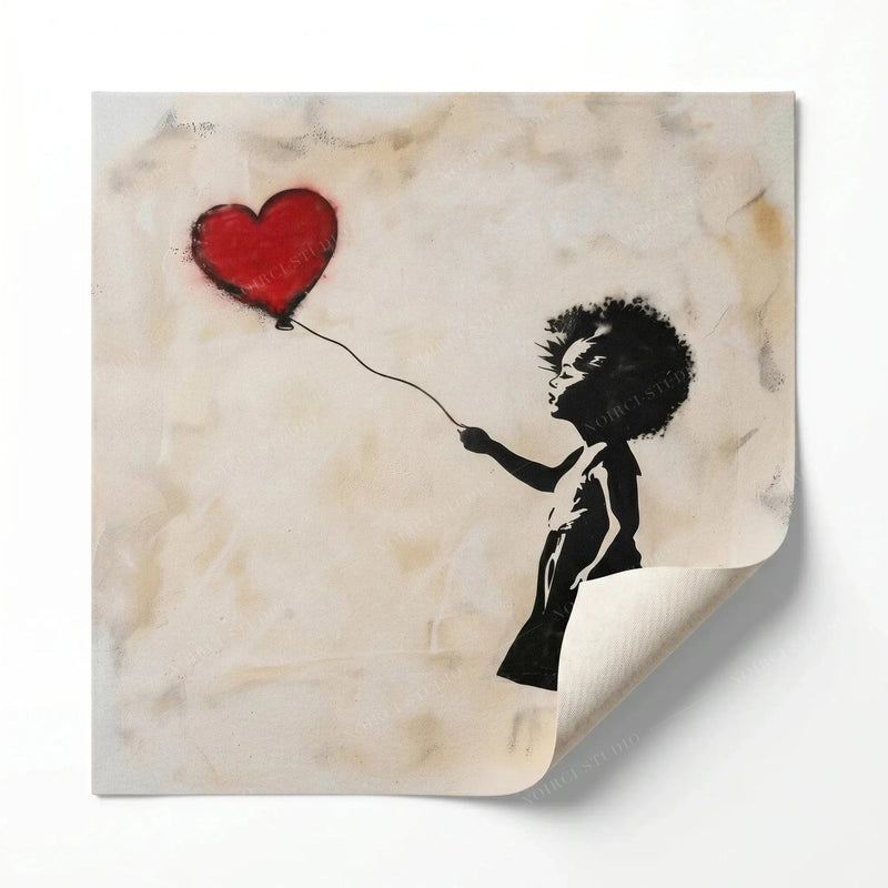 Rolled canvas print with a curled corner, girl and heart balloon stencil art, ready for custom framing