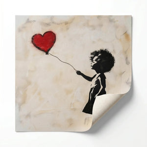 Rolled canvas print with a curled corner, girl and heart balloon stencil art, ready for custom framing