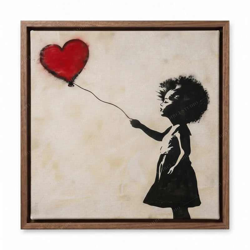 Modern African American art in a walnut floating frame, girl letting go of a red balloon, street-art stencil