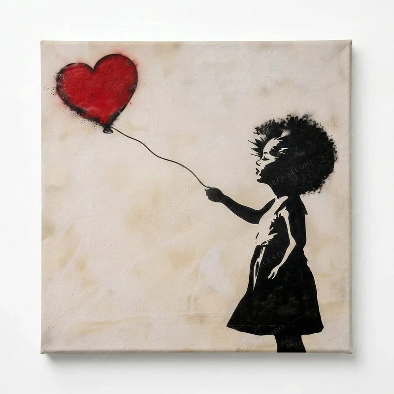 Stretched canvas, ready to hang, Banksy-inspired stencil of a Black girl with a heart balloon on cream