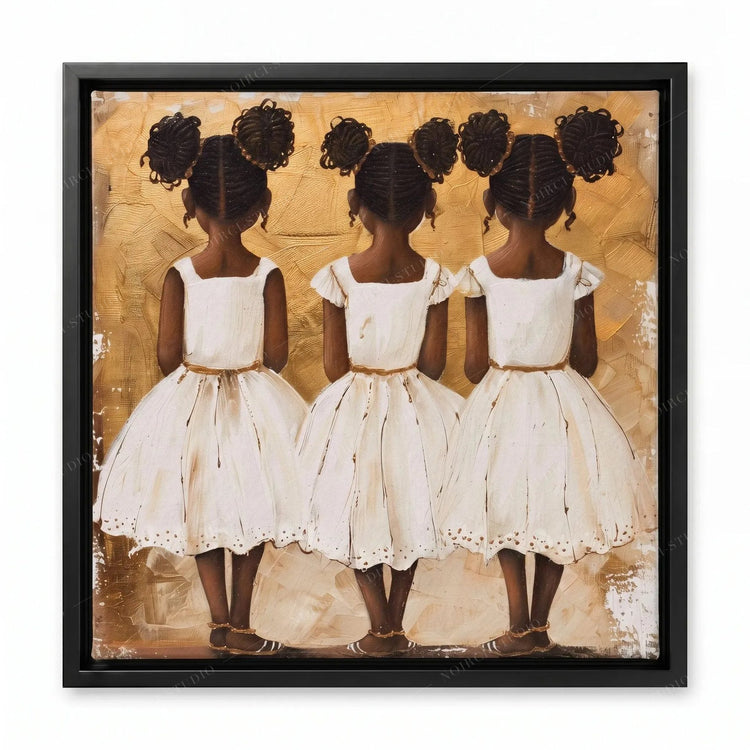 Three Black sisters painting in a black floating frame, girls with braided afro buns seen from behind
