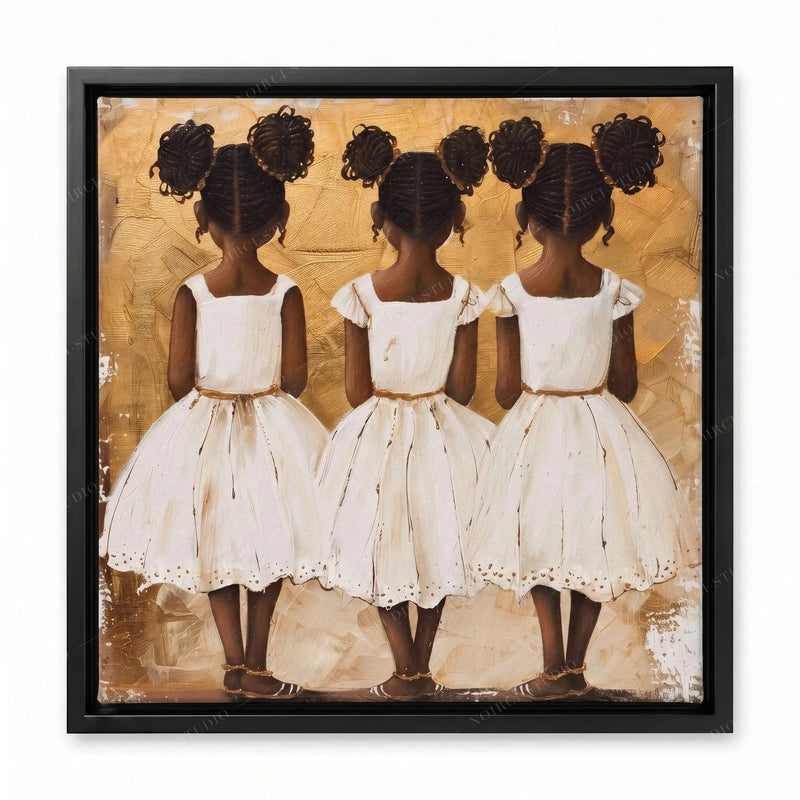 Three Black sisters painting in a black floating frame, girls with braided afro buns seen from behind