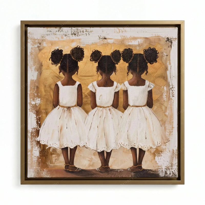 Sisters wall art in a gold floating frame, three girls standing side by side against textured gold paint