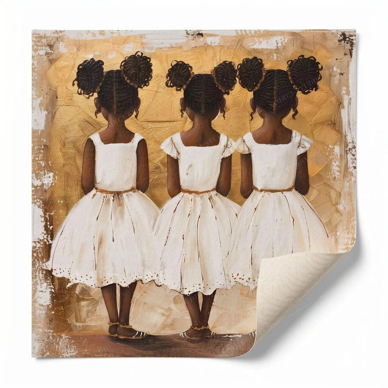 Rolled canvas print of three Black sisters, ready for custom framing, curled corner showing canvas texture