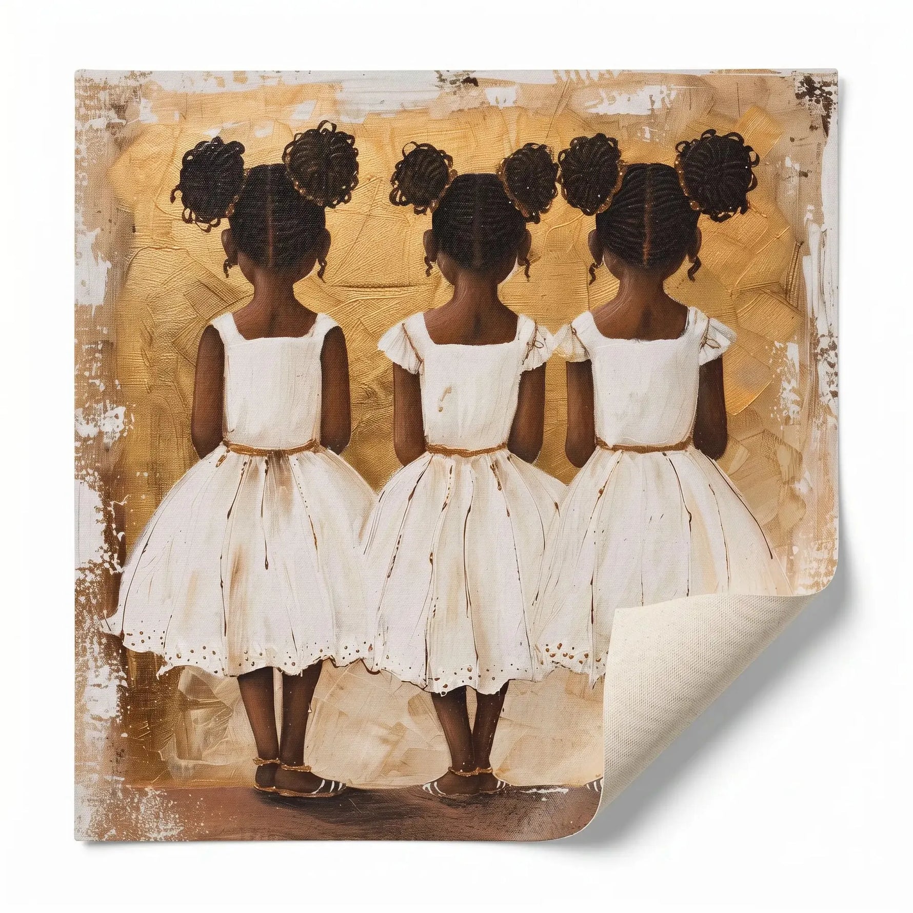 Rolled canvas print of three Black sisters, ready for custom framing, curled corner showing canvas texture