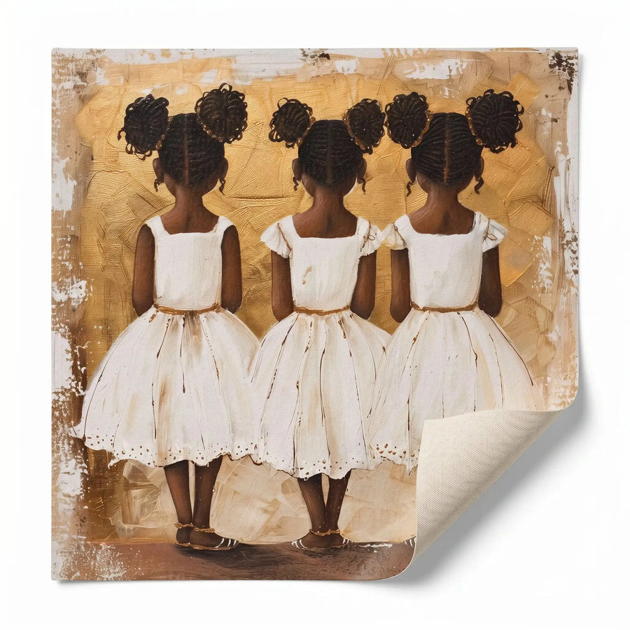 Rolled canvas print of three Black sisters, ready for custom framing, curled corner showing canvas texture