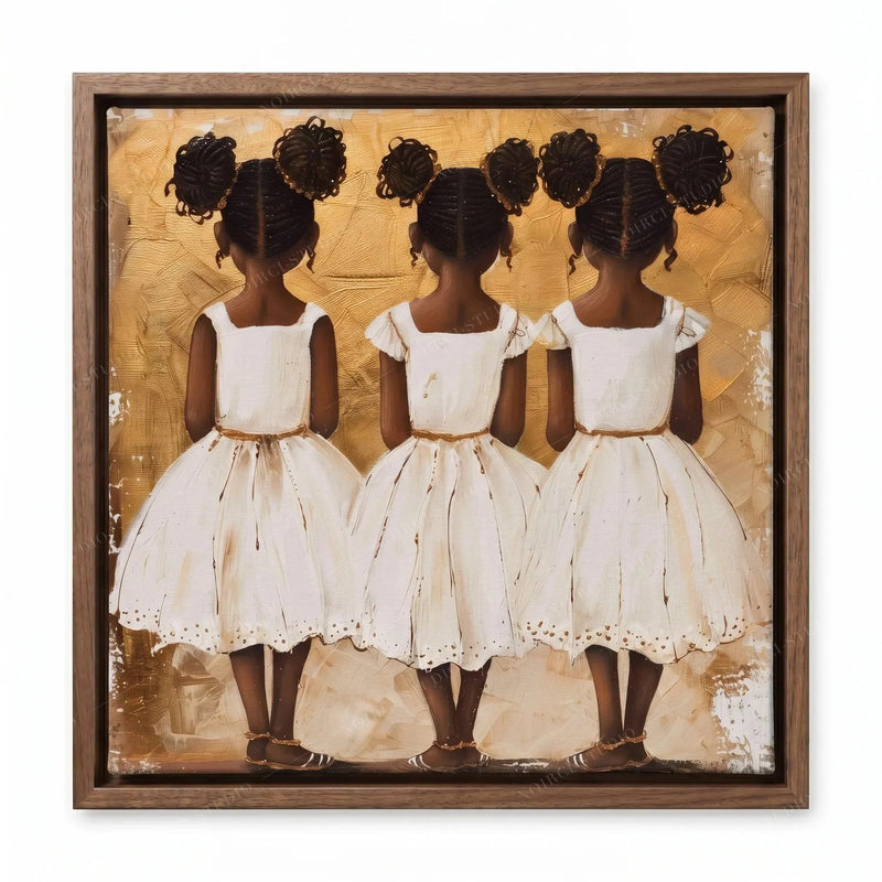 Black family artwork in a walnut floating frame, three sisters in eyelet dresses on a brushed gold background