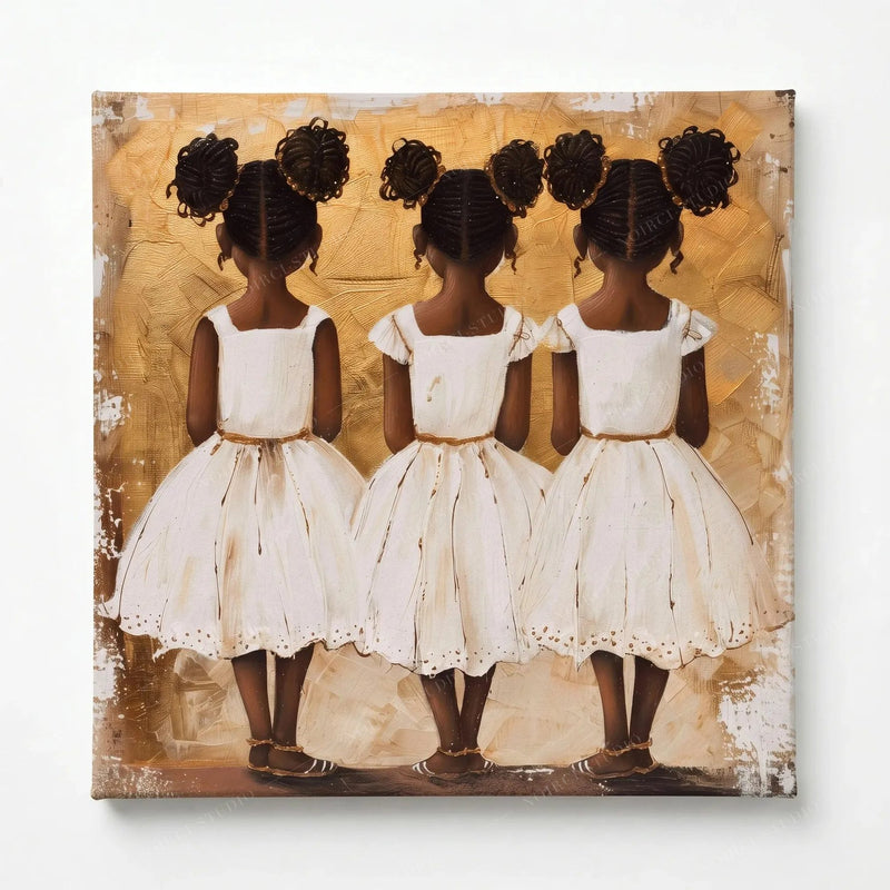 Three sisters painting on stretched canvas, ready to hang, warm gold backdrop behind the girls