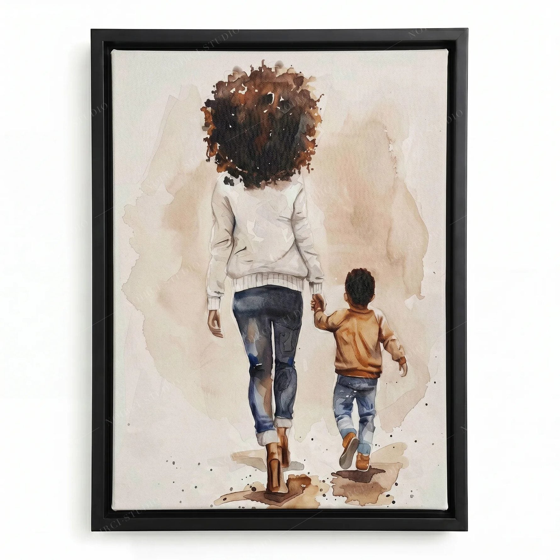 Black mother and son art in a black floating frame, watercolor of a mom with a natural afro walking with her little boy