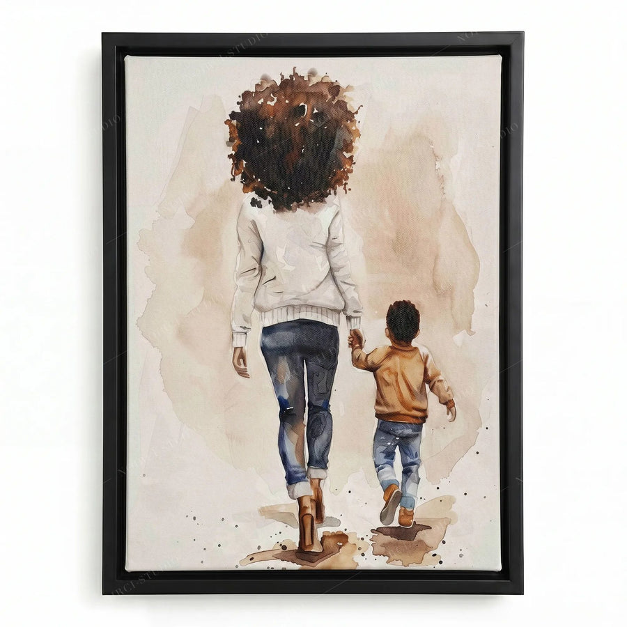 Black mother and son art in a black floating frame, watercolor of a mom with a natural afro walking with her little boy