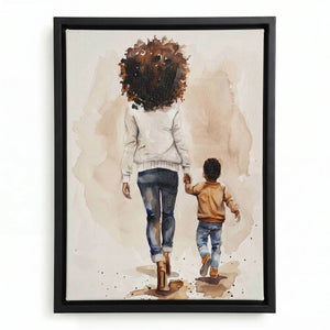 Black mother and son art in a black floating frame, watercolor of a mom with a natural afro walking with her little boy
